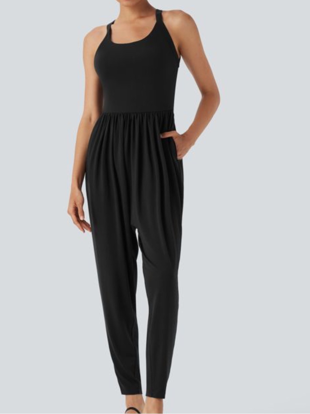 Halara Sz L Black U Neck Harem Casual Jumpsuit With Pockets Easy Peezy Edition
